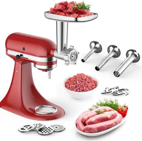 Meat Grinder Attachment for KitchenAid Stand Mixer, Meat Grinder for KitchenAid Mixer With 4 Grinding Plates, 3 Sausage Stuffer Tubes and 2 Cutting Blades, Attachment for Kitchenaid Mixers