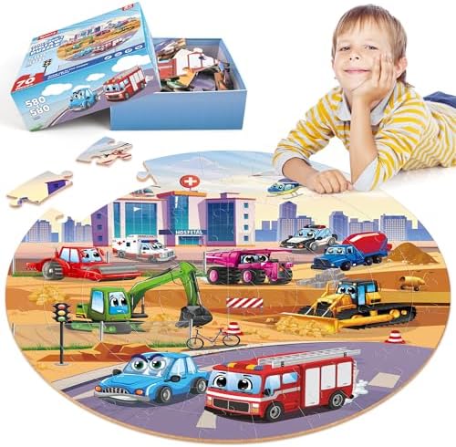 SYNARRY Vehicle Floor Puzzle for Kids Ages 3-5, Large 70 Piece Puzzle for Kids Ages 4-6, Wooden Floor Puzzle for Kids Ages 4-8, Preschool Toys Gifts for 3 4 5 6 7 8 Years Old Boys Girls Child