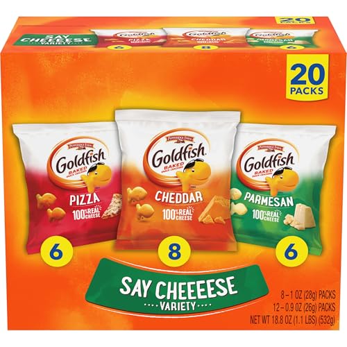 Goldfish Crackers Say Cheeeese Variety Pack with Cheddar, Pizza and Parmesan, Snack Packs, 20 Ct