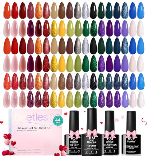 Beetles Gel Nail Polish Set, 36 Colors Gel Polish with Base Coat Glossy Matte & Glitter Gel Top Coat White Jelly Blue Mystic Wonderland Collection Pink Valentine's Day Gifts for Women