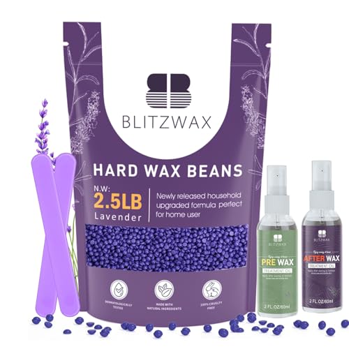 BLITZWAX 2.5lbs Hard Wax Beads for Hair Removal Lavender Waxing Beans for Sensitive Skin, Face, Eyebrows, Brazilian, Legs and Bikini - with 2 Silicone Sticks and 2 Wax Oils for Home and Salon Use