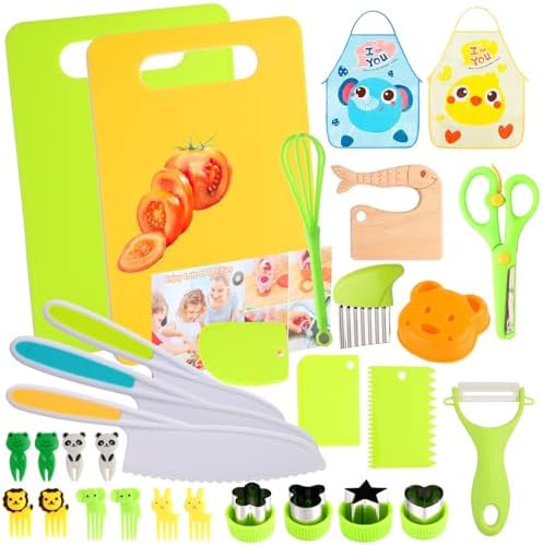 Kids Montessori Cooking Kitchen Toys and Toddler Knife Set - 30Pcs Kids Knifes for Real Cooking and Baking Accessories ,Toddlers Kitchen Tools Ages 3-10 Kids Birthday (30 PCS)