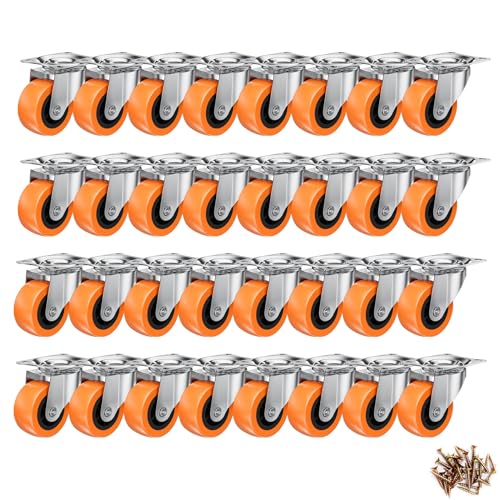 1.5 Inch Casters, ASHGOOB Caster Wheels/Casters Set of 32, 360° Swivel Universal Plate Caster Wheels for Storage Box/Small Furniture/Kitchen Appliances, Orange Polyurethane (PU) Castors (32 Pack)