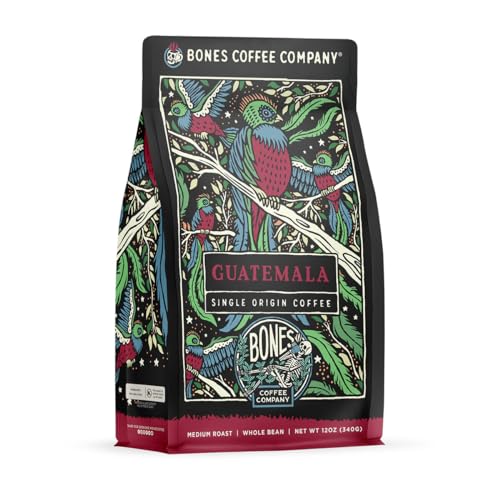 Bones Coffee Company Guatamela Single-Origin Coffee Beans, Whole Bean Coffee Medium Roast Gifts Low Acid Gourmet, Milk Chocolate, Citrus, Caramel Notes (12 oz)