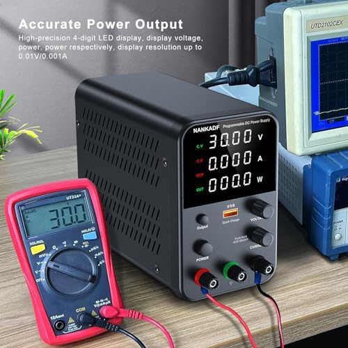 DC Power Supply Variable, Bench Power Supply with Encoder Adjustment Knob, Output Enable/Disable Button, Adjustable Power Supply with USB Quick-Charge, Short Circuit Alam (30V 10A Black)