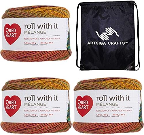 Red Heart Roll with It Melange Curtain Call E890-0675 (3-Skeins - Same Dye Lot) Worsted Medium #4 Acrylic Yarn for Crocheting and Knitting with Project Bag