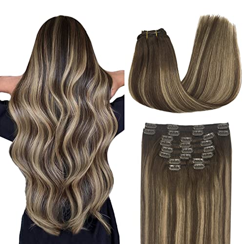 MAXITA Hair Extensions Real Human Hair, 10pcs 14 Inch 155g Balayage Chocolate Brown to Honey Blonde, Clip in Hair Extensions Remy Human Hair Natural Clip in Extensions for Woman Straight
