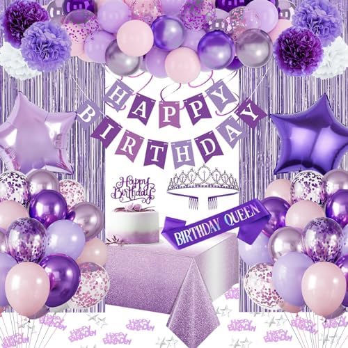 Purple Birthday Decorations, Purple Party Decorations with Balloons Happy Birthday Banner Bday Sash and Crown Tablecloth Fringe Curtain Paper Pom Poms for Women Girls Bday Decor