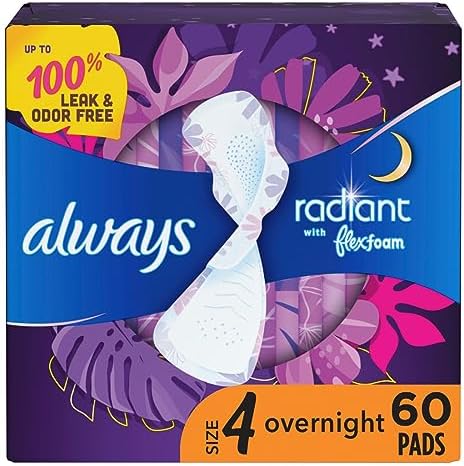 Always Radiant Overnight Feminine Pads for Women, Size 4 for Nighttime, with Wings, Scented, 60 CT