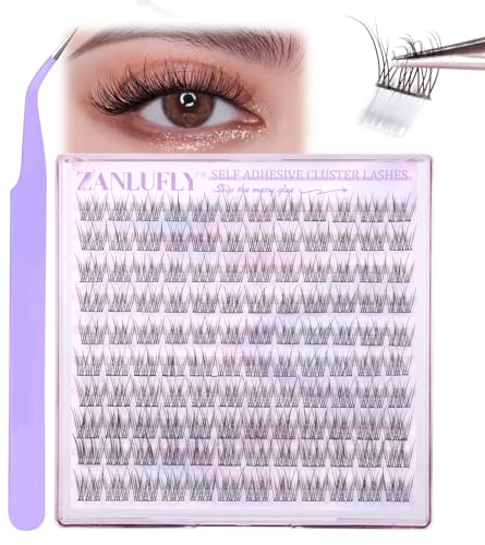 Self Adhesive Cluster Lashes Natural No Glue Individual Lashes Wispy Self Adhesive Eyelash Clusters with Clear Self Adhesive Strips DIY Eyelash Extensions(10-12MM)