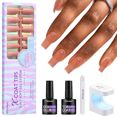 BTArtbox XCOATTIPS Gel Nail Kit - Long Square Nail Tips with Gel Glue, Top Coat, Nail Lamp, Brown Pre-colored Gel Nails, One-Step Fake Nails Kit for Nail Art DIY