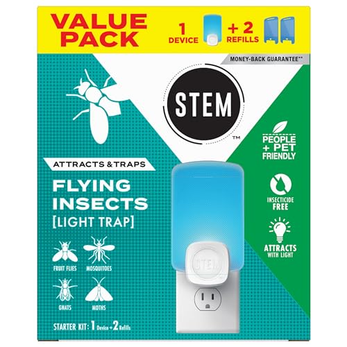 STEM Light Trap, Attracts and Traps Flying Insects, Emits Soft Blue Light, Starter Kit with 1 Light Trap and 2 Refills