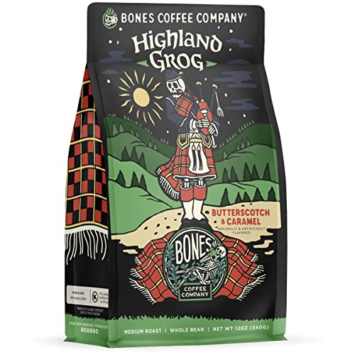 Bones Coffee Company Highland Grog Flavored Coffee Beans, Whole Bean Coffee Medium Roast Low Acid, Butterscotch Caramel Flavor (12 oz)