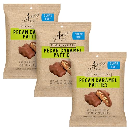 Asher's Chocolates, Sugar Free Chocolate Bags, Milk Chocolate Diabetic Friendly Chocolate, Small Batches of Kosher Chocolate, Family Owned Since 1892, Keto Chocolate, 3 Bags (Pecan Caramel Patties)