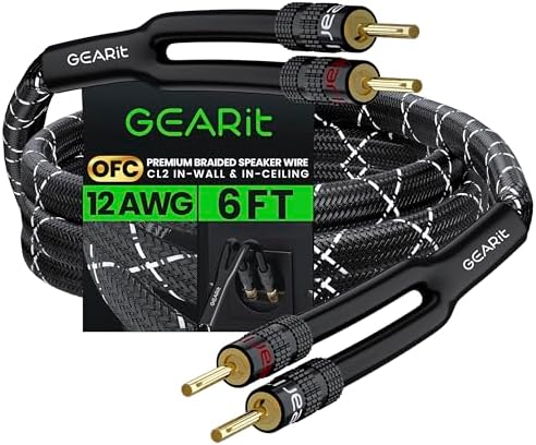 GearIT 12AWG Speaker Cable Wire with Gold-Plated Banana Tip Plugs (6 Feet) in-Wall CL2 Rated, Heavy Duty Braided, 99.9% Oxygen-Free Copper (OFC) - Black, 6ft