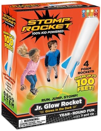 Stomp Rocket Jr Glow Rocket Launcher for Kids - 4 Glow-in-The-Dark Rockets - Outdoor Fun Toy Gift for Boys & Girls - STEM Soft Foam Blaster Set Soars Up to 100 Feet - Ages 3 & Up