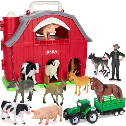 Farm Animals Toys for 1 2 3 4 5 Year Old Toddlers Girls Boys, Big Red Barn Farm with Figures Animals and Tractor Toy for Kids, Farm Playset Educational Learning Toys, Ideal Christmas Birthday Gifts