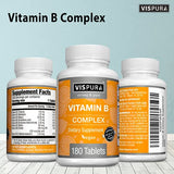 VISPURA Vitamin B-Complex, 180 Vegan Tablets, All B Vitamins Including B12, B1, B2, B3, B5, B6, B7, B9, Folic Acid, for Stress, Energy and Healthy Immune System*, Natural Supplement Without Additives