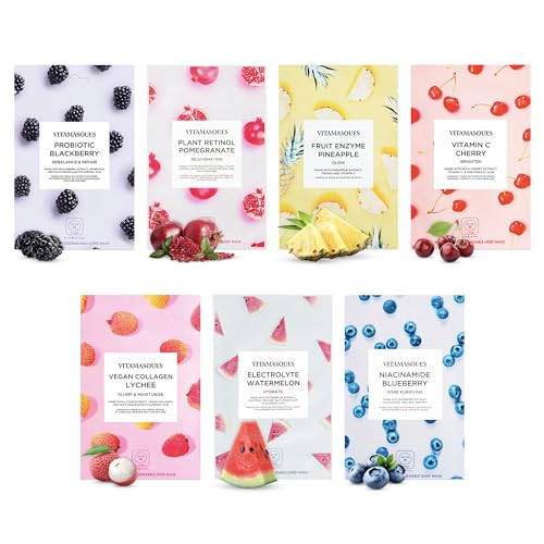 Vitamasques Face Masks Skincare Sheet Kit, 7-Pack - Juicy Collection of Triple-Layer Sheet Facial Masks - Pore Purifying, Brightening, and Hydrating