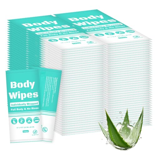 Individually Wrapped Body Wipes Bulk Bath Wipes, Women Men Large Adult Disposable Body Shower Wipes No Rinse-Free Bathing Cloths Wipes for Outdoors After Gym Camping Travel (100, Blue, 12 x 10.3 in)