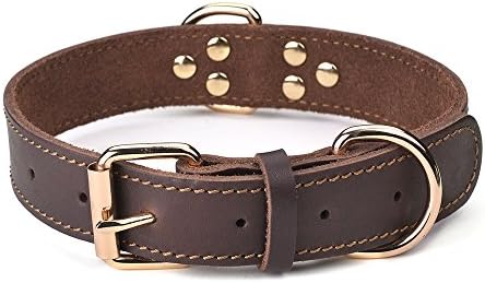 Genuine Leather Dog Collar, Heavy Duty Dog Collar, Wide Dog Collar for Small Dog, Medium Dog, Large Dog and Extra Large Dog (M: 1" Wide for 15.2"-19.2" Neck, Single Stitch - Brown)