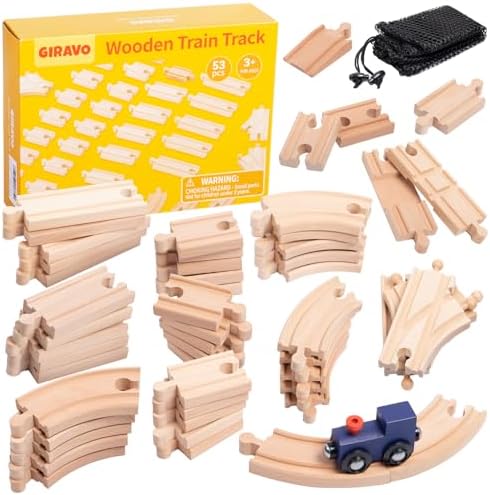 Wooden Train Track Set 53pcs, Wood Train Tracks Accessories Expansion Pack fits Melissa and Doug, fits Brio, fits Thomas, Montessori Toys, Birthday Gift for Boys Girls Toddler Kids (Train Track)