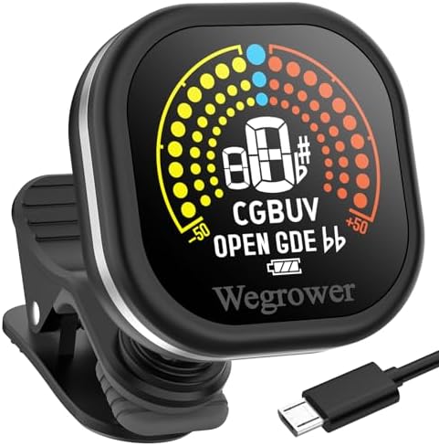 Guitar Tuner Rechargeable, Clip On Tuner with LCD Color Display with Guitar, Ukulele, Violin and Chromatic Tuning Modes, Tuners for Musical Instruments