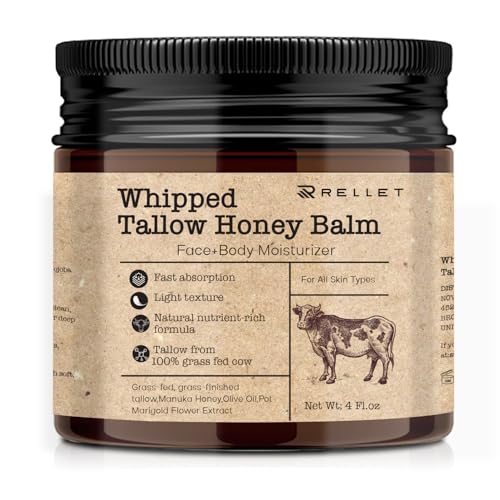 Beef Tallow and Honey Balm for Skin: Grass Fed Whipped Beef Tallow With Honey Face Body Moisturizer 4oz - Organic Unscented Fast Absorption Tallow Cream Infused with Manuka Honey Beeswax Olive Oil
