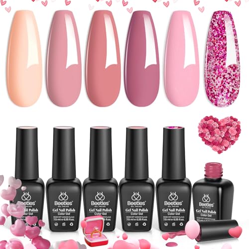 Beetles Gel Nail Polish Set 6 Colors Pink Confetti Collection Classic Nude Pink Glitter Pastel Gel Nail Polish Set Soak Off Uv Led Gel Polish Nail Art Varnish Manicure Kit Valentines Day Gifts for Her