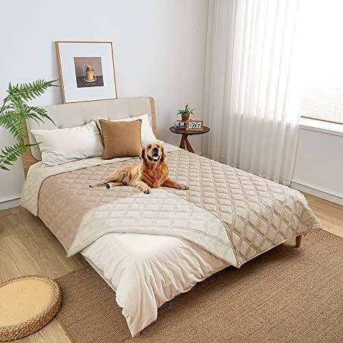fuguitex Waterproof Dog Blanket, Pet Friendly Reversible Throw Essential for Small Dogs, Tear Resistant Leakproof Washable Couch Cushion Bed Protector Cover for Indoor Furniture（68"*82",Beige+Cream