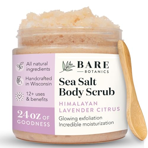 Bare Botanics Lavender Grapefruit Body Scrub 24 oz - Naturally Scented Sea Salt Scrub Made in Madison WI - Formulated w/Skin Loving Moisturizers - Vegan Cruelty Free Exfoliator w/a Cute Wooden Spoon