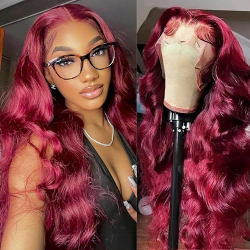 Burgundy Wig Human Hair 13x4 HD Transparent Body Wave Lace Front Wigs Human Hair Pre Plucked 180 Density Glueless Red Wine Colored Human Hair Wigs for Women with 24 Inch