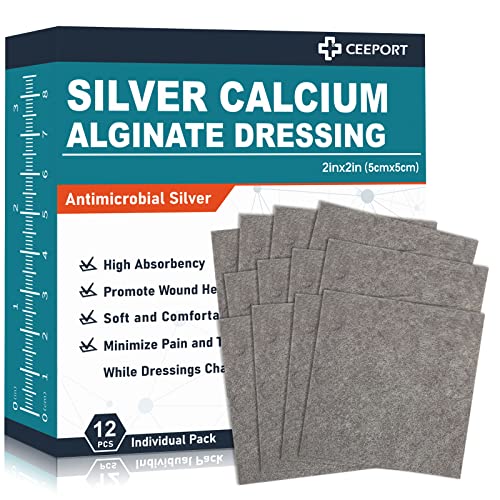 2 "x 2" Ag Silver Calcium Alginate Wound Dressing Pads, 12 Individual Pack Highly Absorbent Painless Removal Dressing, Soft Silver Dressings for Wound Care, Non-Stick Gauze Pads for Wounds