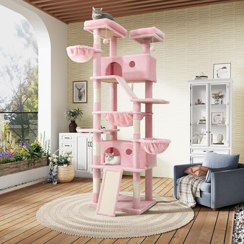 SHA CERLIN 81in Multi-Level Tall Cat Tree Tower for Indoor Kitties/Larger Cat Condo Furniture with Hammock/Cozy Pussycat Perches/Sisal Scratching Posts/Pet House/Wide Base/Pink