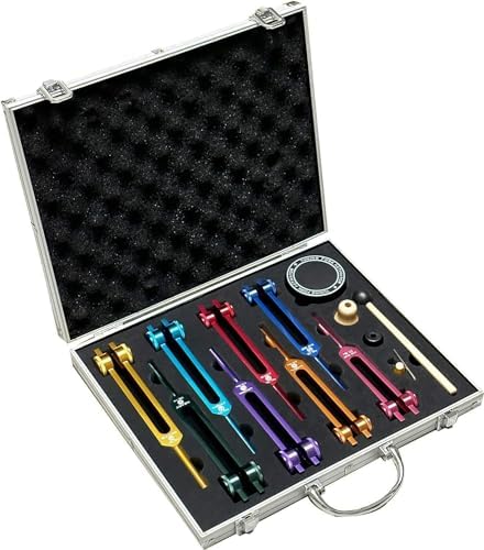 Chakra Tuning Fork Set for Healing, 7 Chakra and 1 Soul Purpose Weighted Colorful Solfeggio Tuning Forks, with Tuning Fork Activator, Rubber Mallet, Base, and Exquisite Aluminum Box