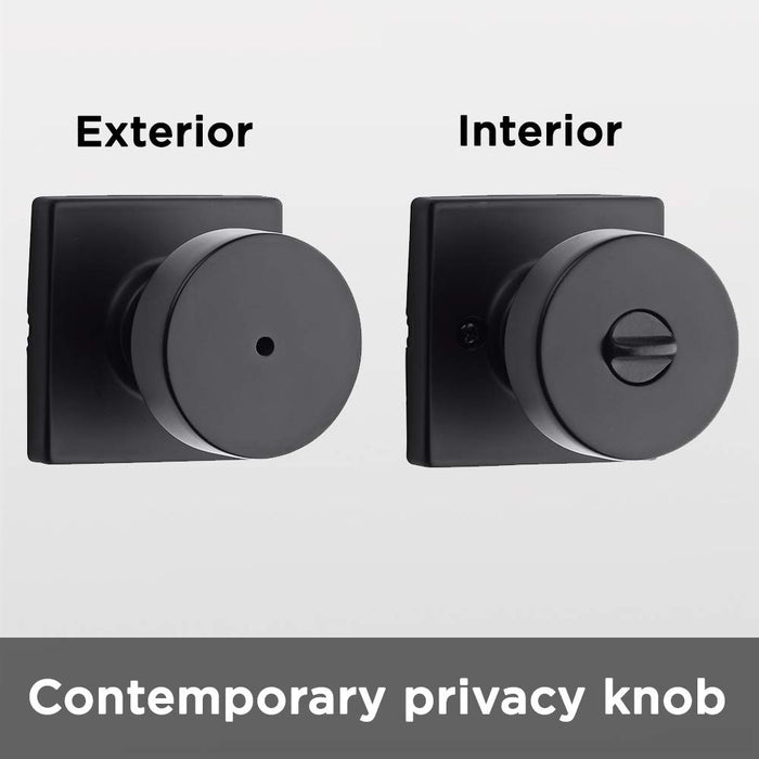 Kwikset Pismo Interior Privacy Door Knob with Lock, Door Handle For Bathroom and Bedroom, Matte Black Keyless Turn Lock Doorknob, with Microban Protection, Square Rose