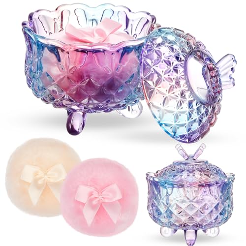 Tioncy 3 Pcs Large Body Powder Puff and Container Powder Container with Puff Powder Puff Crystal Container Soft Washable Reusable Velour Face Body Glitter Powder Puff Wet Dry Makeup(Butterfly, Purple)