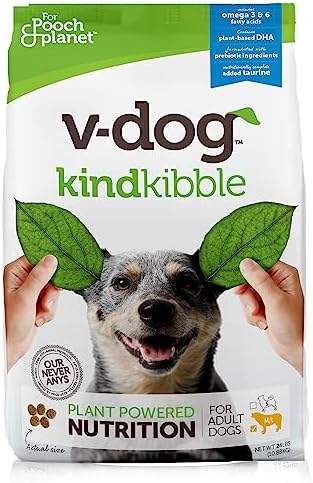 V-dog Vegan Kibble Dry Dog Food (24 LB) | Plant Based Protein with Added Taurine for Sensitive Stomach and Skin | Adult Dog Food | Vegetarian Superfood | Made in US