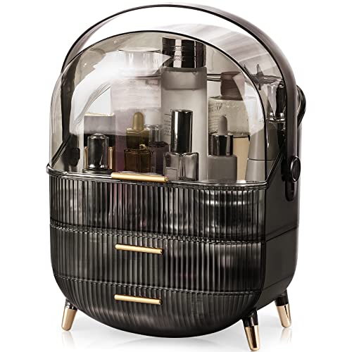 CANITORON Makeup Organizer,Large Capacity Skincare Organizer for Vanity,Cosmetic Organizer with 2 Drawers and Transparent Cover for Bedroom Countertop and Bathroom Countertop Storage.(Gray)