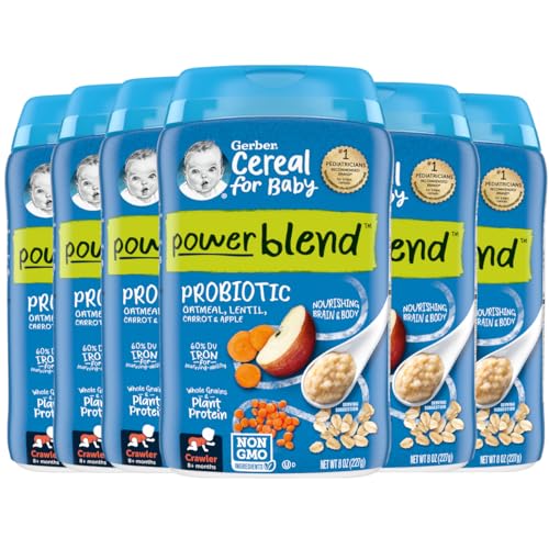 Gerber Cereal for Baby Power Blend 3rd Foods Probiotic Oatmeal Baby Cereal, Lentil Carrot Apple, 8 oz Canister (6 Pack)