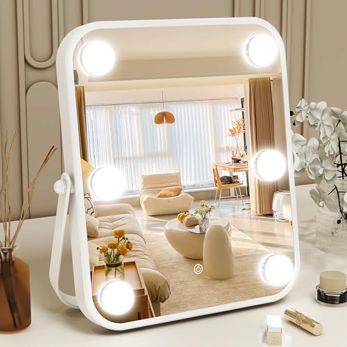 Vanity Mirror with Lights, Hollywood Makeup Mirror with Light, 10"x12" Lighted Desktop Makeup Mirror with 6 Dimmable LED Bulbs, Cosmetic Makeup Mirror with Stand, Smart Touch Control