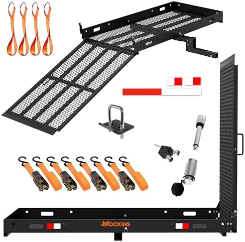 Mockins XL 60"x30"x5" Folding Hitch Cargo Carrier with Ramp | Heavy Duty Trailer Hitch Basket Cargo Carrier with Portable Wheelchair Ramp | 500 Lbs. Cap Weatherproof Steel Scooter Rack & Accessories