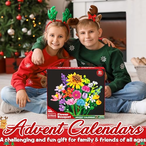 Advent Calendar 2024 for Kids Adults Teens, 24 Days STEM Sunflower Bouquet Building Blocks Christmas Countdown Calendar Gifts Box with Artificial Flowers Bricks Toy Set for Boys Girls Women Men Age 6+