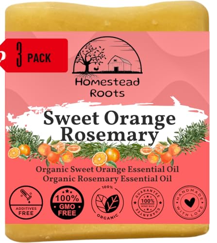 Sweet Orange-Rosemary- Handcrafted with Grass-Fed Beef Tallow and Organic Oils - Scented with Organic Essential Oils - Artisanal Bar Soap -USA MADE- 3 Pack - Each Bar Unique