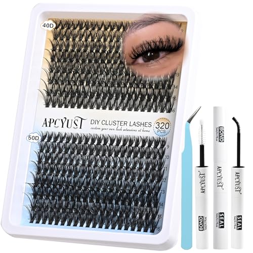 Lash Clusters Kit Wispy Lash Extension Kit 320PCS Individual Eyelash Cluster 40D+50D Eyelash Extensions Kit DIY Volume Lashes Natural False Mink Lash Clusters Kits with Lash Bond and Tweezers