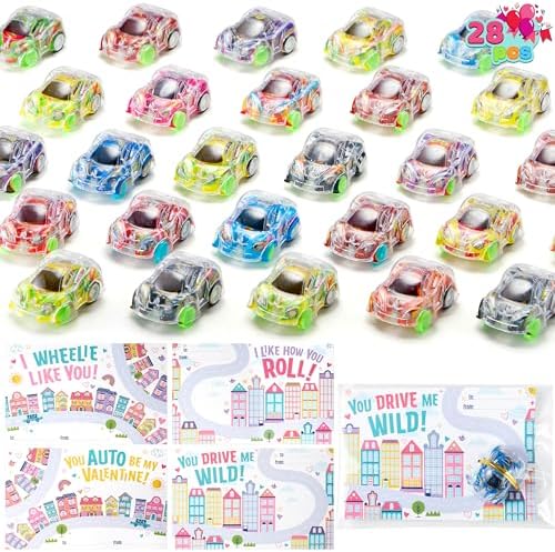 JOYIN 28 PCS Valentines Day Gift Cards with Fresh Color Pull Back Car Toys for Valentine Party Favor, Classroom Exchange Prize, Greeting Cards