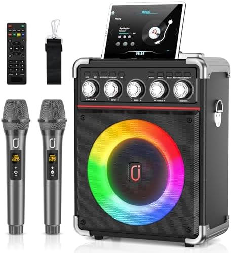 Karaoke Machine with 2 Microphones: HWWR Portable Karaoke Machine for Adults Kids, Bluetooth Karaoke Speaker with Bass/Treble Adjustment, PA System with Remote Control/LED Lights, Support REC/USB/AUX
