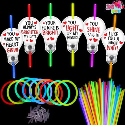 JOYIN 36 Packs Neon Valentines Day Gift Bulb Cards with Glow Sticks, Glow Necklaces for Valentine's Party Favor, Valentine Classroom Exchange Cards, Valentine School Prize