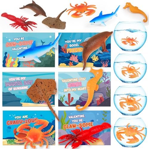 Valentines Day Cards for Kids, 24 Pack Expandable Sea Ocean Animal Toys with Valentines Day Cards for Valentine School Party Favors for Kids Boys Girls, Kids Exchange Valentines Day Gifts