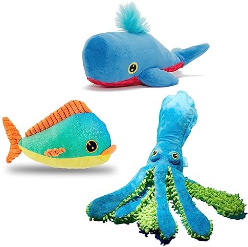 Barkbox Under The Sea Bundle - 3 Toys for Medium and Large Dogs - Squeaky Dog Toys, Tug Toys, Plush Chew Toys - Maggie Mahi, Shify Sid The Squid, Moby Lick